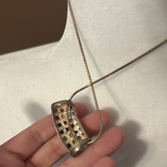 Hollow tube pendant Colorful Mosaic mini tiles floating Pendant Necklace NWOT - Picture 5 of 7